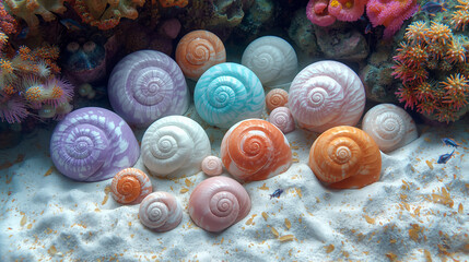 Pastel-colored seashells arranged on a sandy seabed amongst vibrant coral.