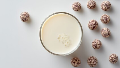 Top view of a creamy beverage in a glass surrounded by sweet chocolate truffle balls on a white background.
