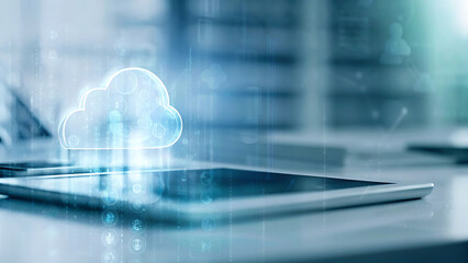 Tablet on desk with glowing holographic cloud computing application