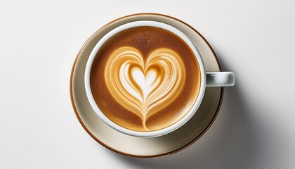 top view latte art coffee with heart shape isolated on white background generative ai