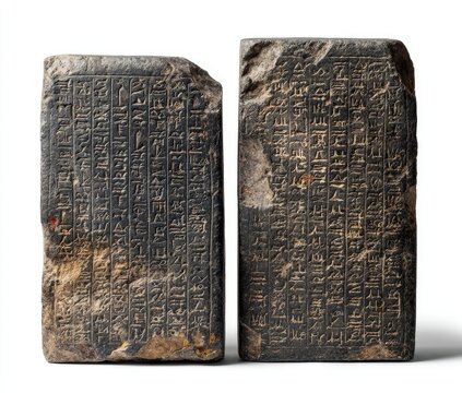Two rectangular stone slabs, possibly ancient, bearing engraved inscriptions.  Dark gray/black stone with light brown/tan weathering.  Uneven surfaces
