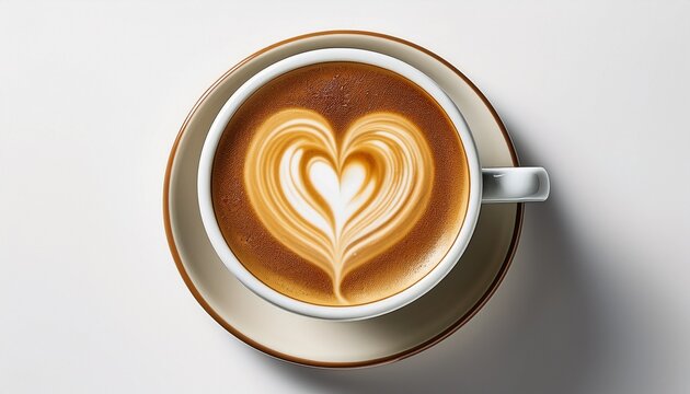 top view latte art coffee with heart shape isolated on white background generative ai