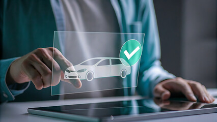 Tablet with glowing futuristic holographic car rental booking platform