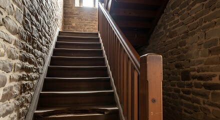 Old wooden staircase ascending between rustic stone walls.