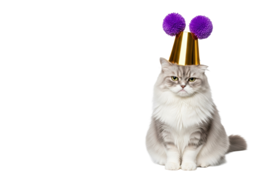 An adult domestic cat with fluffy grey and white fur and a grumpy expression wears a shiny golden party hat with purple pom-poms on a transparent studio background with copy space, humorous festive - Powered by Adobe