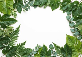 Tropical green leaves frame a white space ideal for botanical designs or fresh themed backgrounds