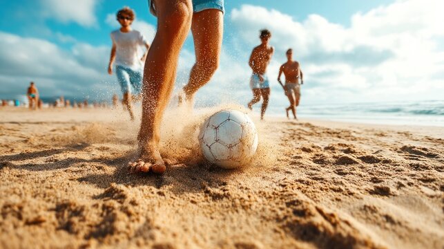 A group of friends enjoys a fun game of beach football on a sunny day, kicking the ball with a sandy background.