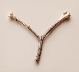 Obraz premium A dried twig, shaped like a Y, sits atop a light beige background. The twig has light brown and darker brown/gray segments. It's a simple, minimalist composition