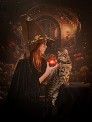 A witch and her cat are looking at the fire. Beautiful fairy-tale picture