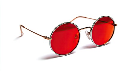 Round, red-tinted sunglasses with light-green rims, angled slightly