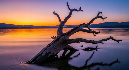 Tranquil lake landscape with a weathered tree at vibrant sunrise