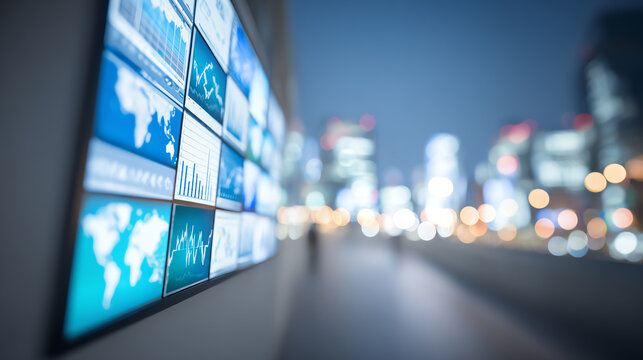 A modern digital display showcasing financial data and global statistics in a bustling city environment at night. - Powered by Adobe