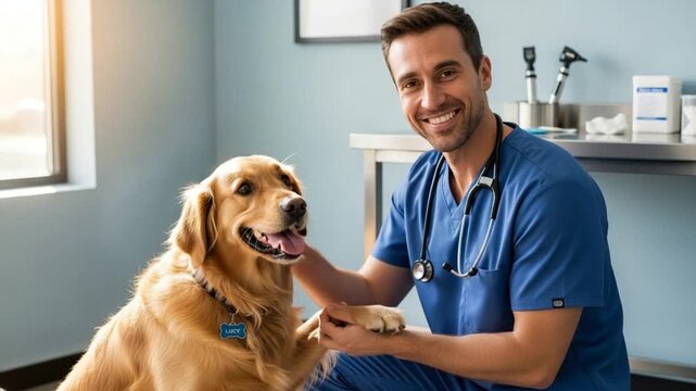 Smiling veterinarian examining a golden retriever dog in a bright medical examination room setting