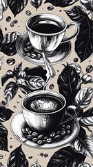 Black and white coffee cup pattern with leaves and beans