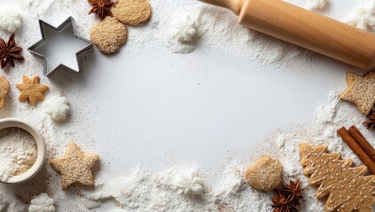 Holiday baking background with cookies flour spices and a rolling pin.