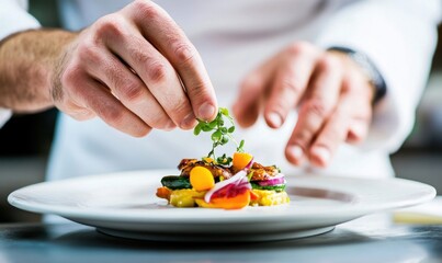 A chef delicately garnishes a gourmet dish with fresh microgreens, adding the finishing touch to a beautifully plated meal.