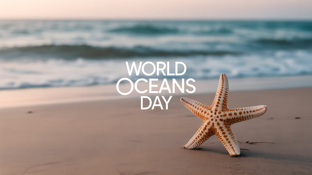 Starfish on sandy beach with ocean waves in background for World Oceans Day
