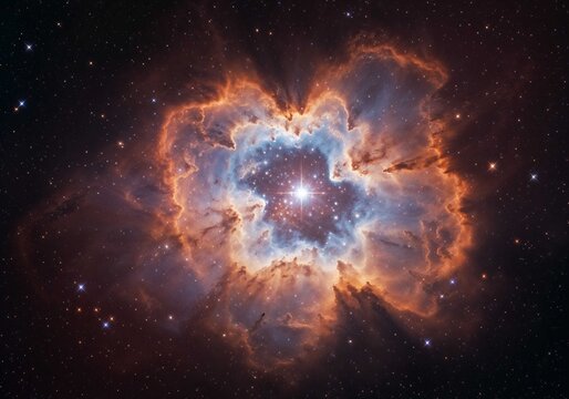 Cosmic nebula explodes with stellar light against a dark star studded expanse creating a celestial wonder