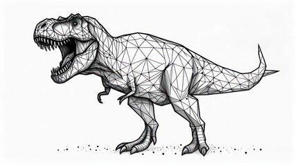 A stylized, geometric illustration of a Tyrannosaurus Rex.  The dinosaur is rendered in black linework, with a polygonal mesh structure overlaid