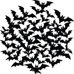 Halloween silhouettes black icon and character vector art of a dense swarm of bats in black silhouette against a, creating a spooky and eerie halloween atmosphere, perfect for themed designs