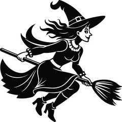 Halloween silhouettes black icon and character vector art of a cartoon witch flying on a broomstick, , dressed in a classic witch hat and dress, ready for a night of halloween magic and enchantment