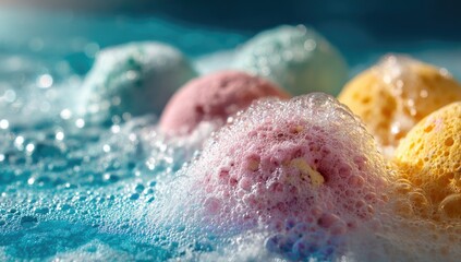 Fototapeta premium Colorful bath bombs submerged in sudsy water