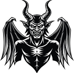 Halloween silhouettes black icon and character illustration of a menacing devil with horns and wings, , embodying the essence of evil and darkness in a gothic and fantastical style