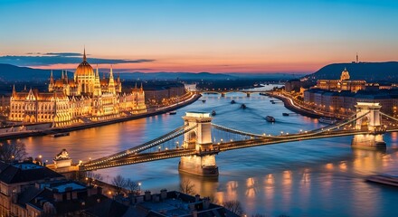 Obraz premium Panoramic view of Budapest at sunset with Chain Bridge and Parliament Building.