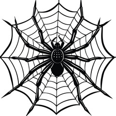 Fototapeta premium Halloween silhouettes black icon and character vector art of a detailed spider web with a spider in the center, , creating a spooky and intricate halloween design element for decorations and graphics