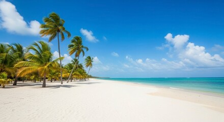 Tropical Paradise White Sand Beach Palm Trees Turquoise Ocean Horizon