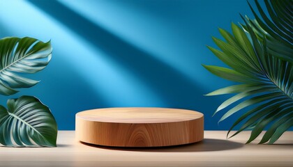 a serene wooden podium rests on a blue backdrop adorned with tropical leaves and playful shadows perfect for showcasing products