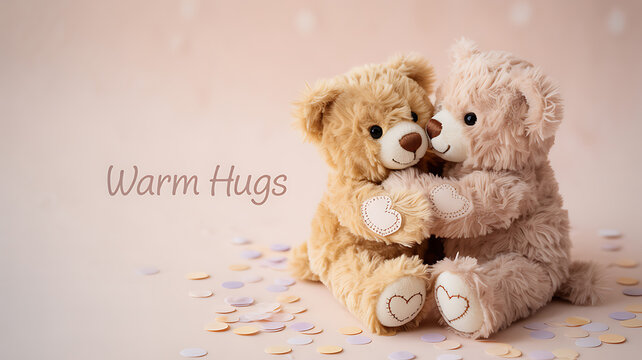 Two plush teddy bears hugging each other, surrounded by heart-shaped confetti on a soft pastel background with the text 'Warm Hugs'.