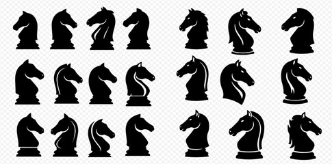 An array of black chess knight pieces in various stylized designs, arranged in rows on a transparent background.