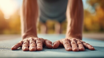 Close-up shot of a person's hands in a push-up position on a yoga mat, suggesting exercise and fitness.