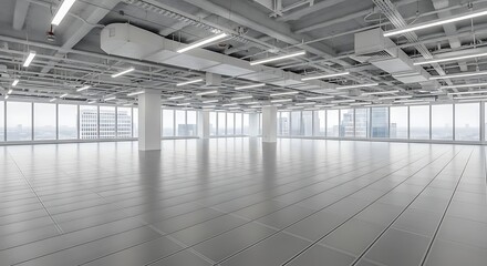 Minimalist Empty Office Space Interior with Columns and Expansive Window Views
