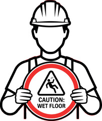 Construction worker holding a caution wet floor sign, safety warning symbol for hazardous areas