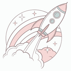 Rocket launching with rainbow, space travel concept