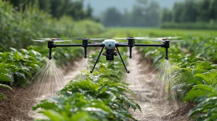Modern industrialized agriculture using technology , a drone fly over crops field spraying organic compound or pesticide 