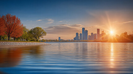 A serene sunset over a city skyline, reflected in calm waters, surrounded by trees, showcasing nature's beauty and urban harmony.
