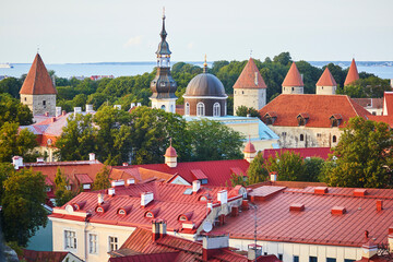 Obraz premium Scenic view of the old town in Tallinn, Estonia. Old Town of Tallinn preserved its Medieval origin, most of the buildings were built during 13-16 centuries.