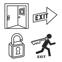 Illustration of door, exit sign, open padlock, and running figure
