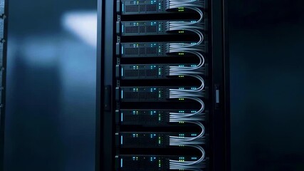 Modern server rack displaying multiple servers with illuminated indicators in a data center environment - Powered by Adobe