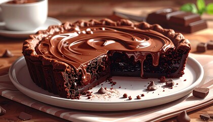 A delectable chocolate tart sits on a white plate, cut to reveal a rich, layered interior. Dripping ganache, chocolate chips, and a blurred background enhance the treat