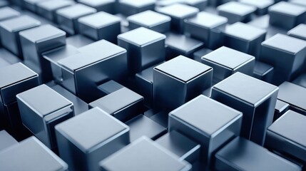 Fototapeta premium An abstract display of metal cubes with varying heights and depth, captured in a close-up view and a cool, gray tone.