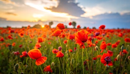 A vibrant field of poppies at sunset