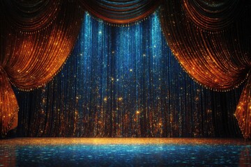 Elegant stage backdrop featuring shimmering golden curtains and sparkling lights, creating a vibrant atmosphere for performances and events, enhancing the visual experience of the audience