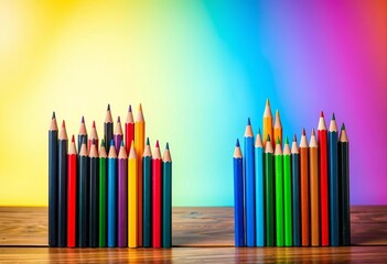 Colorful pencils arranged on wooden table with rainbow backdrop, back to school theme, rainbow background, top view