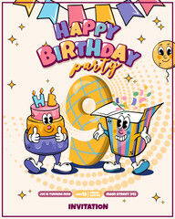 Colorful Kids Birthday Party Invitation with Cartoon Cake and Gift Characters.Happy 9th Birthday Party Poster with Cute Cartoon Design