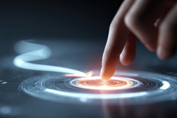 Finger activating a futuristic interface with glowing circles and trails.