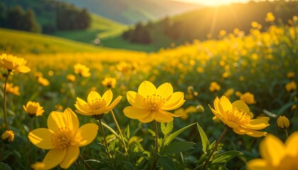 Fototapeta premium A vibrant field of yellow flowers under a warm sunset